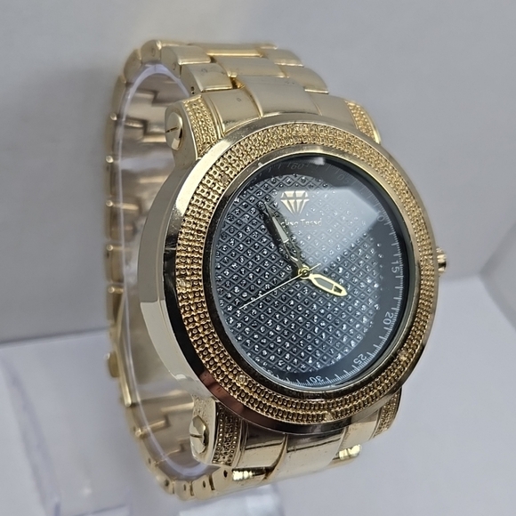 Mens Techno Trend Gold Tone 48mm BLING Crystals Rhinestone Watch New Battery - Picture 4 of 11